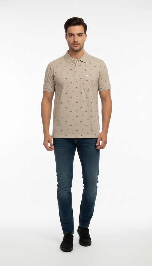 Biege Polo Printed Collared T-Shirt