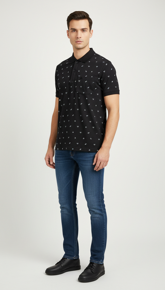 Black Polo Printed Collared T-Shirt