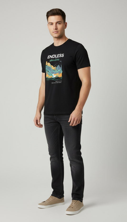 Black Printed Round Neck T-Shirt