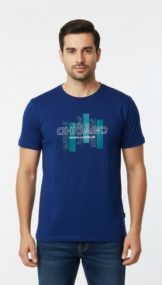 Blue Printed Round Neck T-Shirt