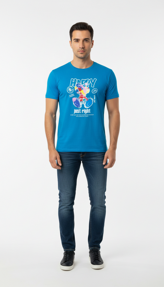 Blue Printed Round Neck T-Shirt