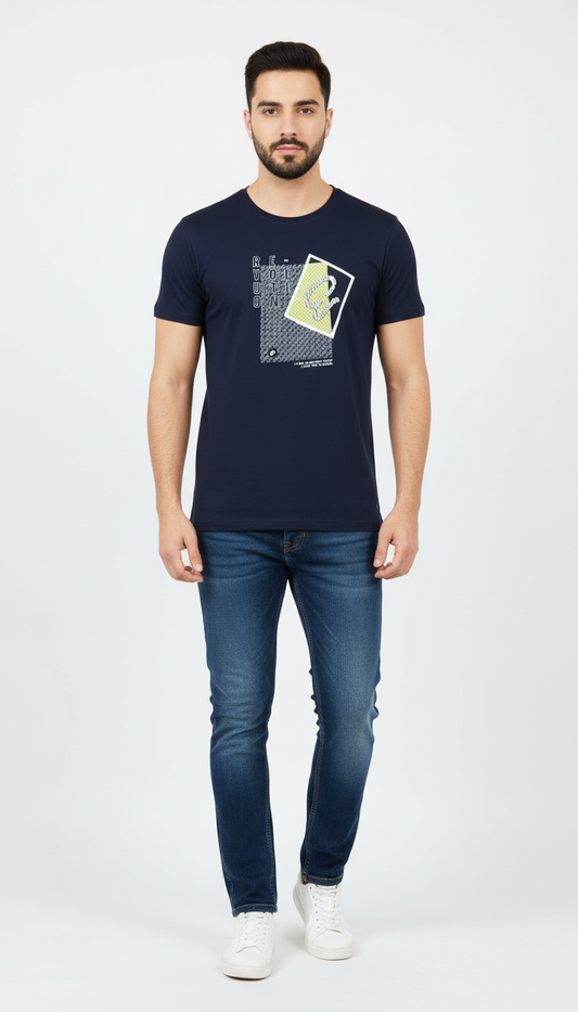 Blue Printed Round Neck T-Shirt