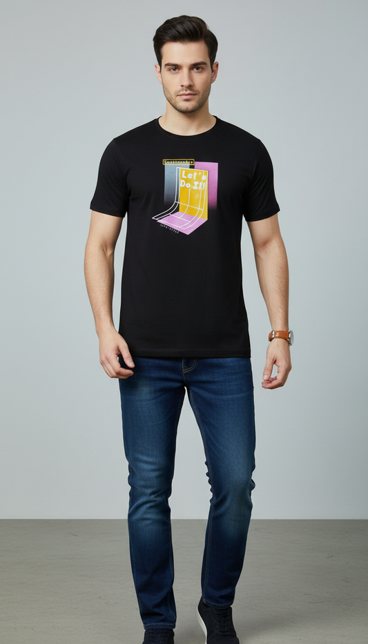 Black Printed Round Neck T-Shirt